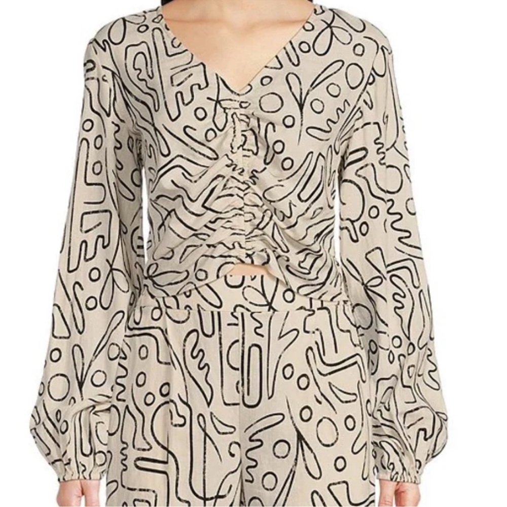 Every Abstract Print Linen-Blend Long Sleeve Crop Top - NWT Size S